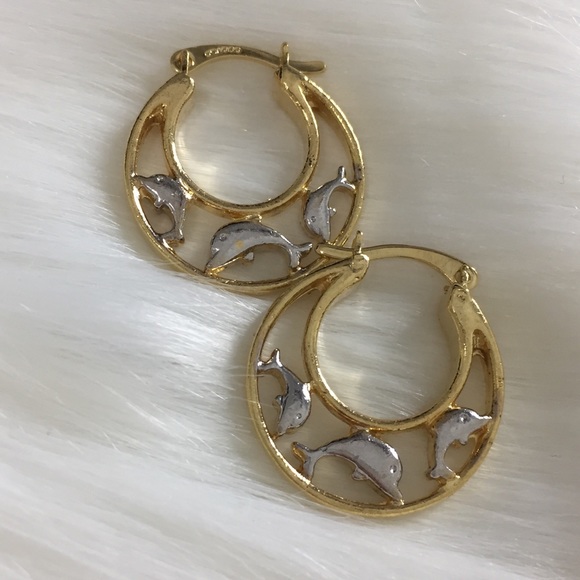 Dolphins Hoop Earrings. 18K Gold Filled. Two Tones - Picture 3 of 5